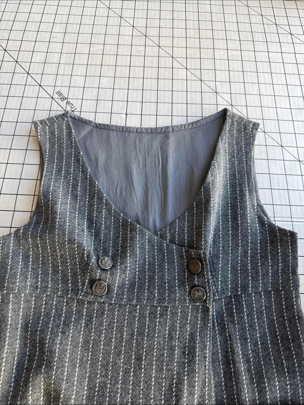 Gray Wool Pinstripe Jumper Tunic Pinafore Thistle Buttons Lined A-Line XS S - Picture 5 of 16